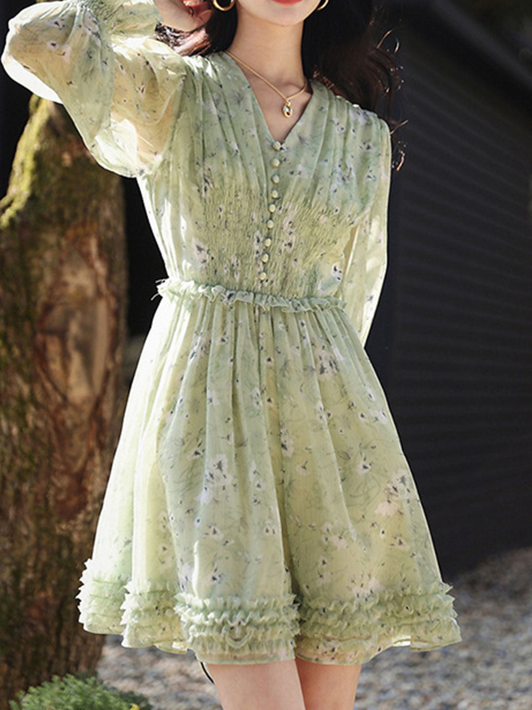 Floral Print V-Neck Button Front Smocked Waist Mini Dress - View 2
