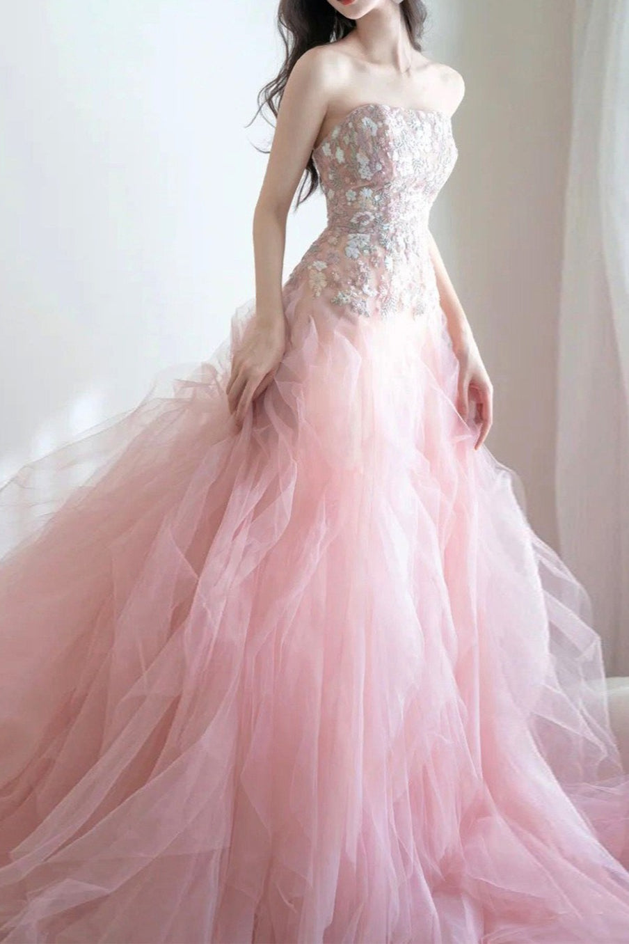 Strapless Sequin Embellished Floral Tiered Tulle Ball Gown