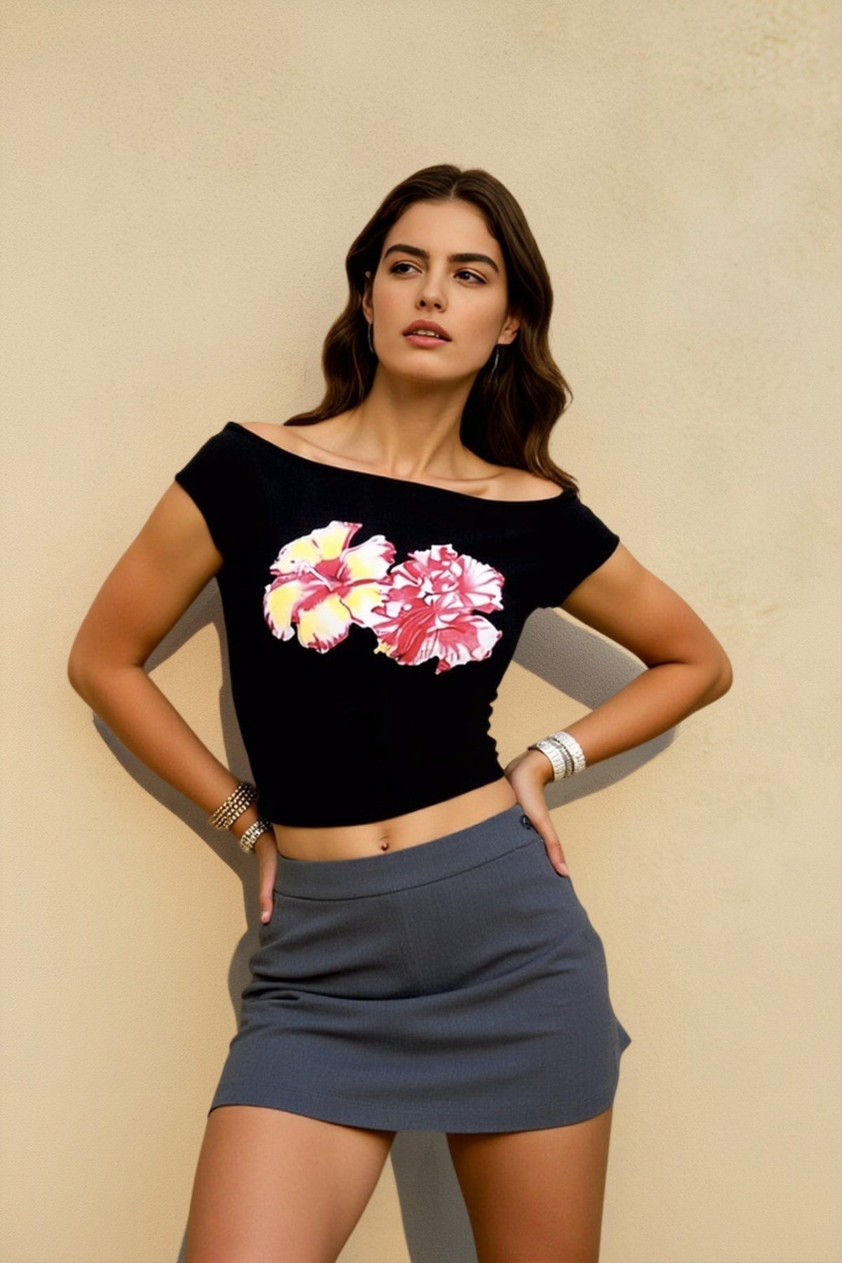 One Shoulder Cap Sleeve Floral Print Crop Top 2