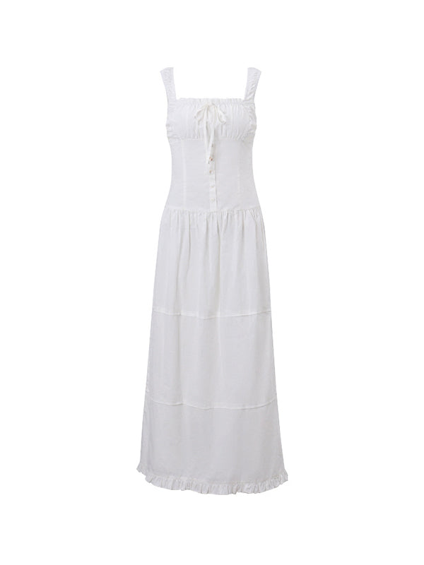 White French Pleated Layered Slim Midi Dress with Lace Up - View 5