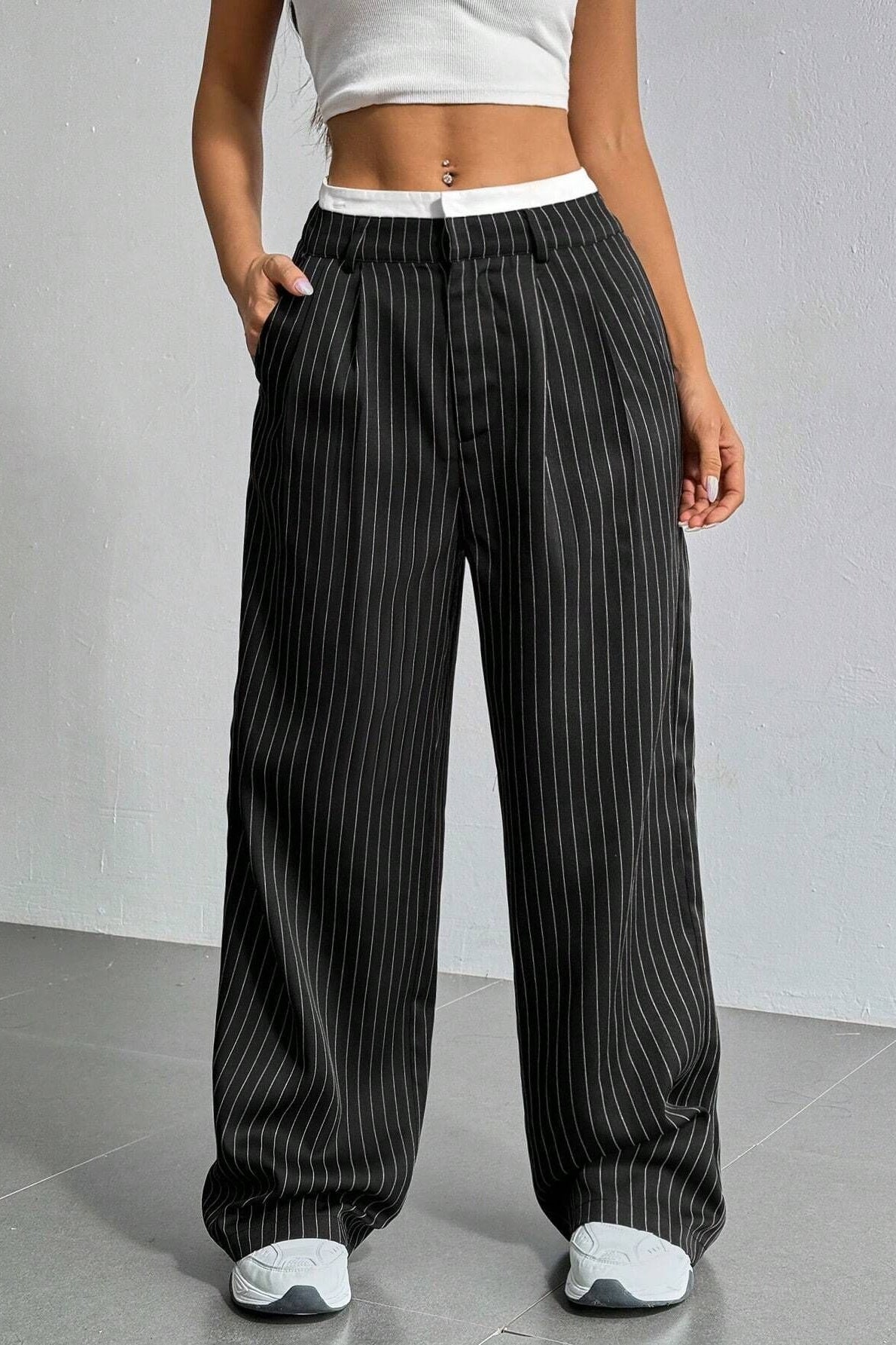 Patchwork Stripe High Waist Straight Pants