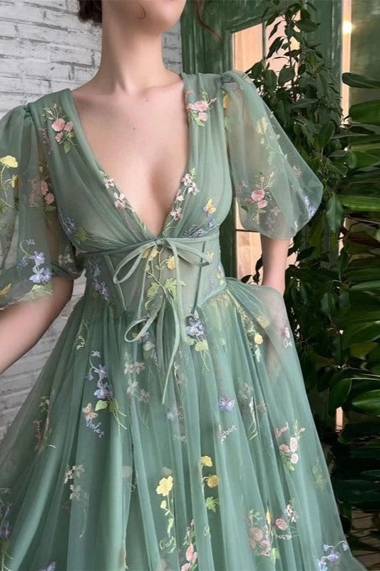 Deep V-Neck Puff Sleeve Floral Embroidered Tulle A-Line Dress 3