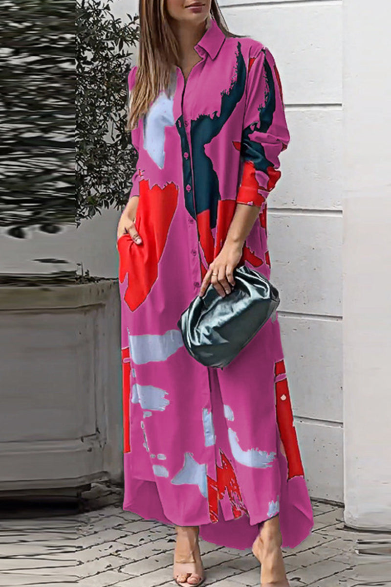 Collared Button Front Long Sleeve Pocket Slit Maxi Shirt Dress - View 6