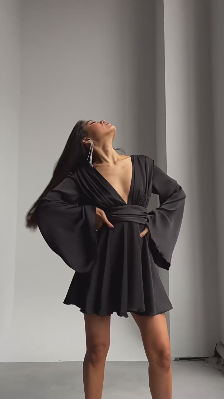 Celeste Satin Bell Sleeve Mini Dress - View 11