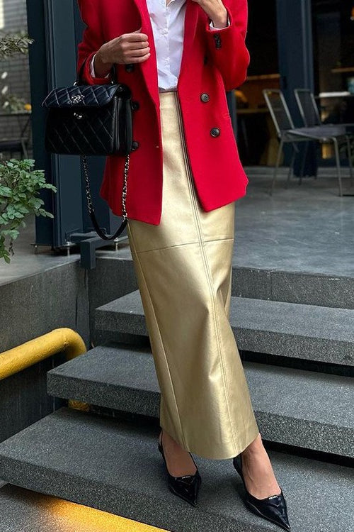 Metallic PU Leather Panel Bodycon Skirt