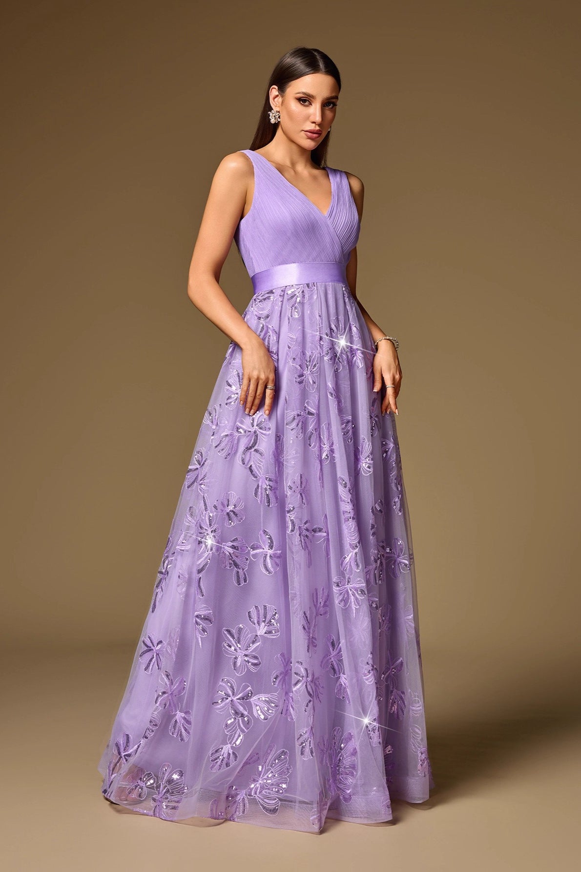 Floral Sequin V-Neck Ruched Tulle A-Line Gown - View 2