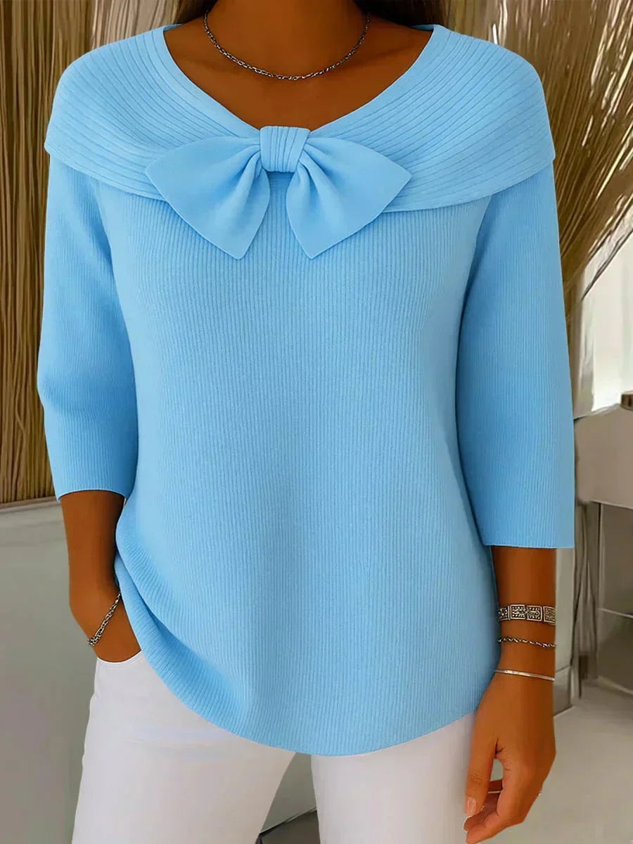Foldover Neck Bow Front Long Sleeve Ribbed Knit Top