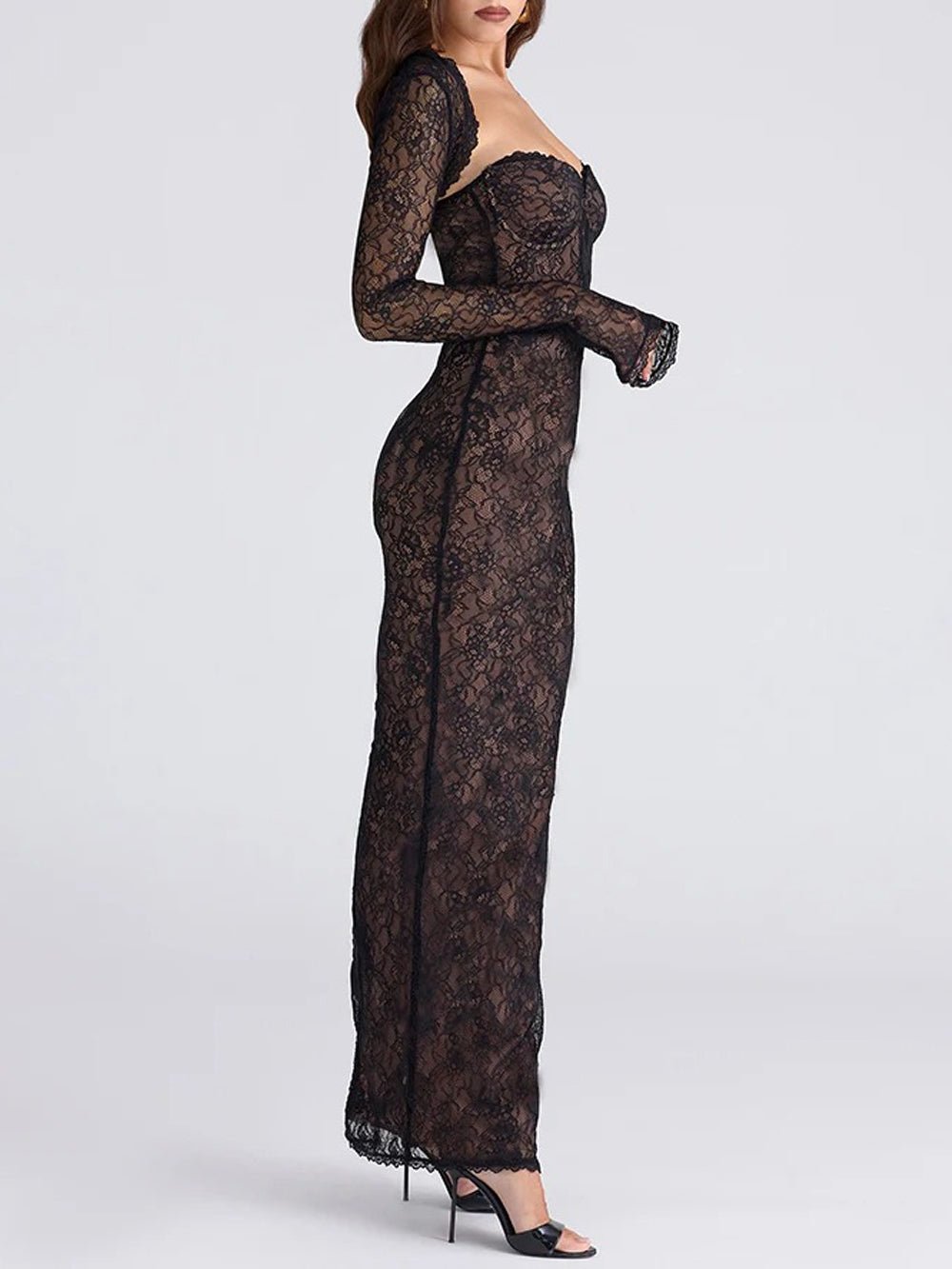Lace Sweetheart Long Sleeve Sheer Bodycon Maxi Dress - View 3