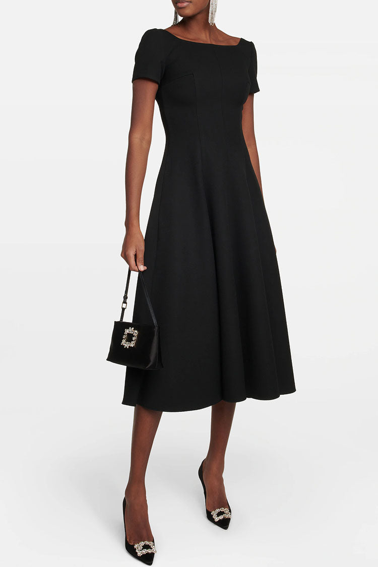Boat Neck Short Sleeve Princess Seam A-Line Cocktail Midi Dress