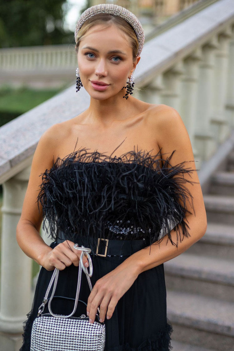 Sequin Feather Trim Strapless Tiered Ruffle Tulle Maxi Dress in Black - View 3