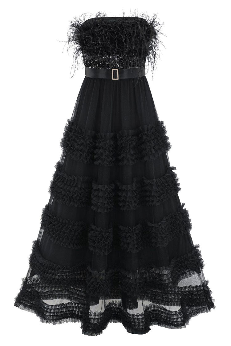 Sequin Feather Trim Strapless Tiered Ruffle Tulle Maxi Dress in Black - View 4