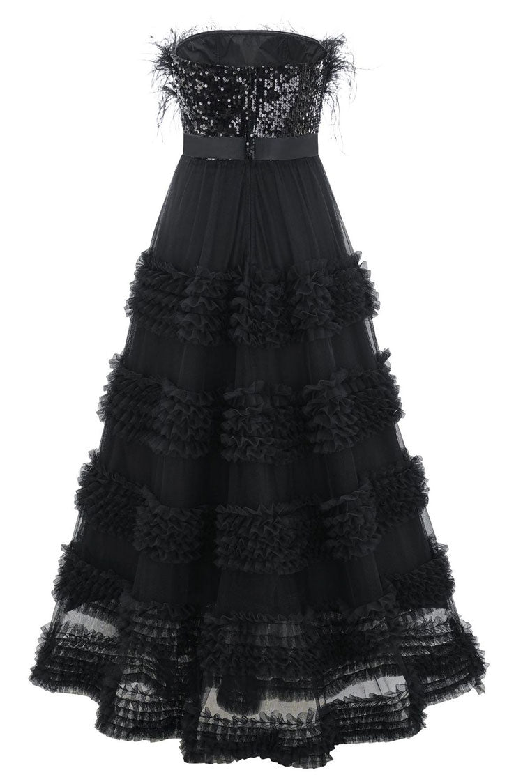 Sequin Feather Trim Strapless Tiered Ruffle Tulle Maxi Dress in Black - View 5
