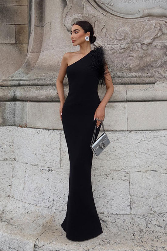 Feather Trim One Shoulder Back Split Maxi Formal Gown - View 2