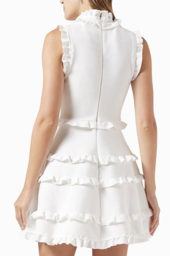 Layered Ruffle High Neck A Line Party Mini Dress - White - View 2