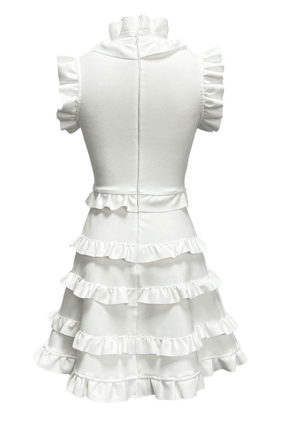 Layered Ruffle High Neck A Line Party Mini Dress - White - View 4