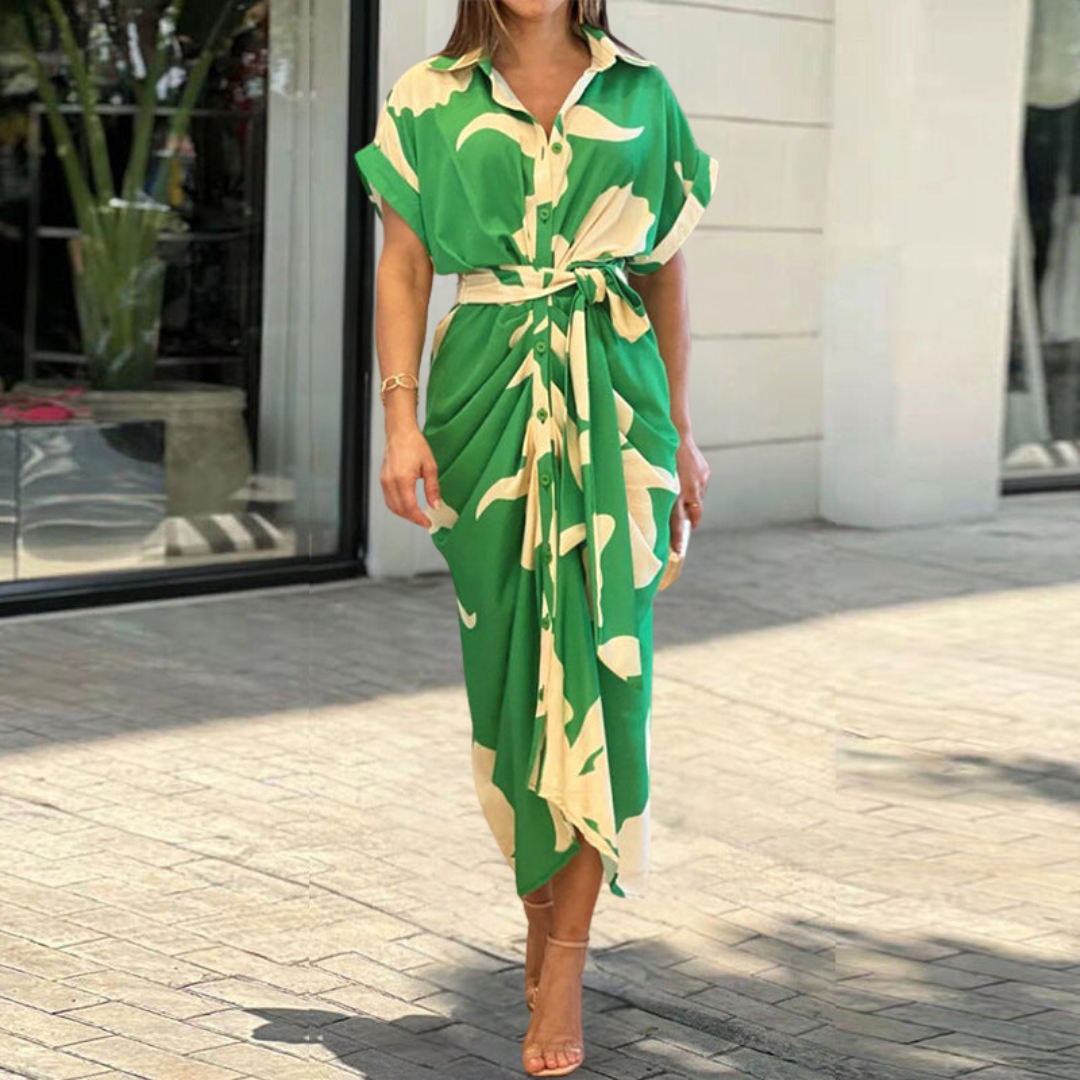 Tropical Print Collared Belted High Split Shirt Maxi Dress - View 2