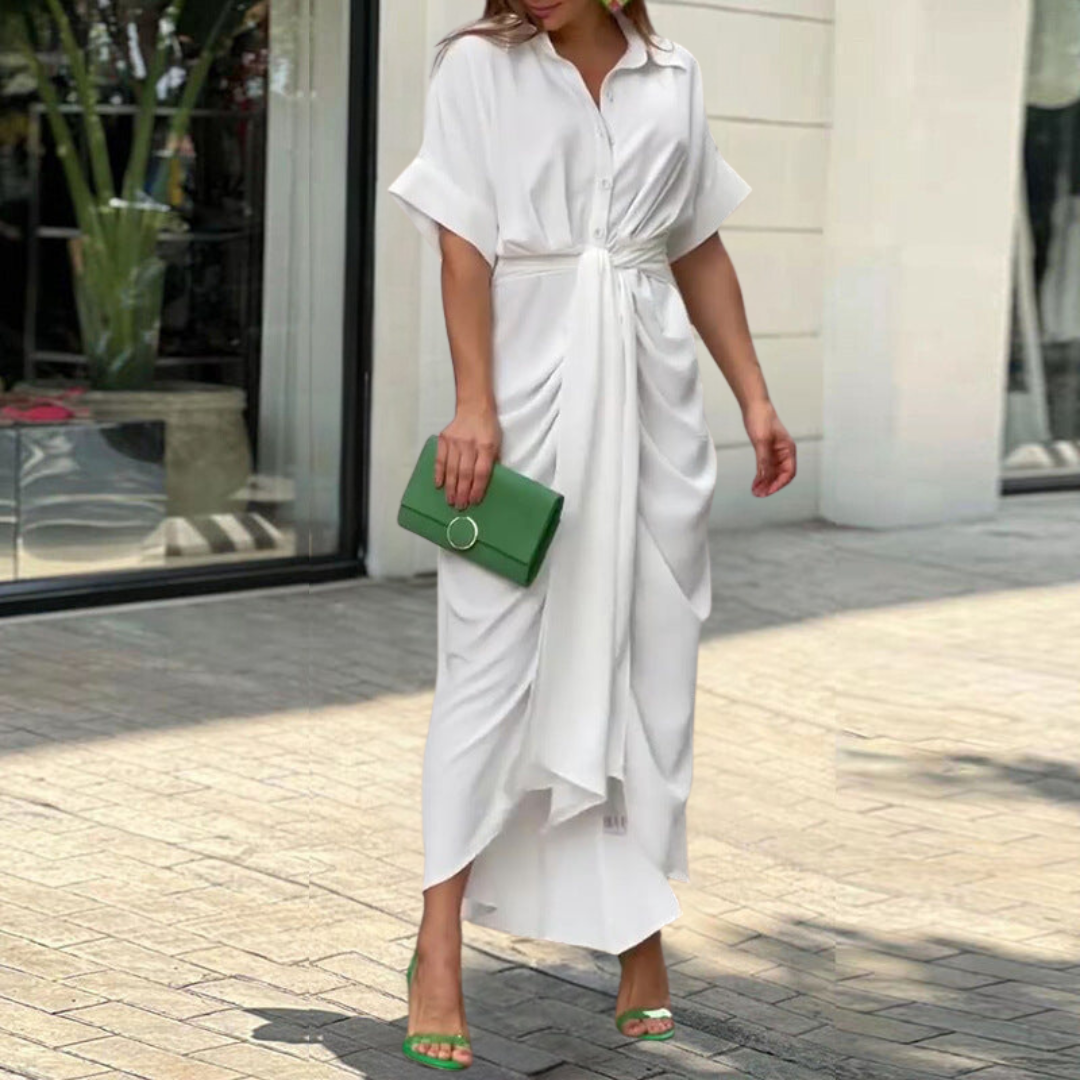 Tropical Print Collared Belted High Split Shirt Maxi Dress - View 5