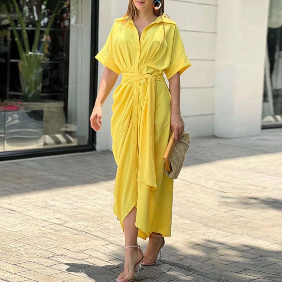 Tropical Print Collared Belted High Split Shirt Maxi Dress - View 3