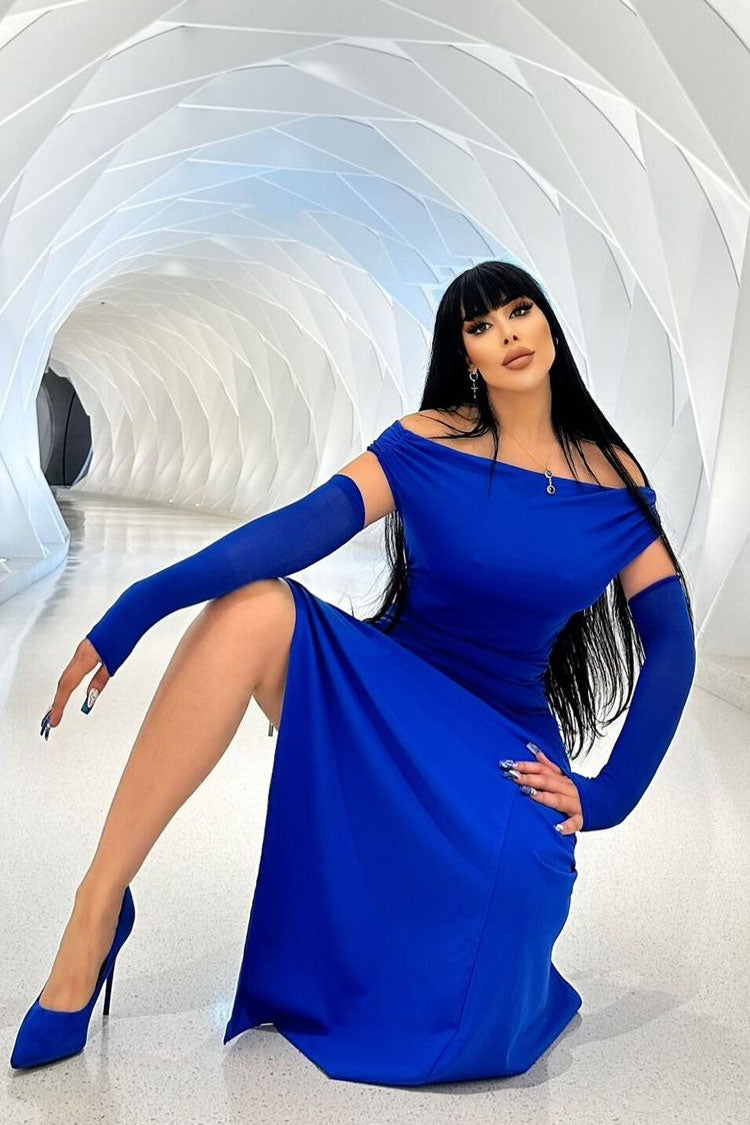 Off Shoulder Ruched Size Zip Evening Maxi Dress - Royal Blue - View 4