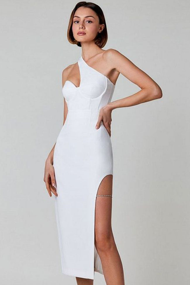 One Shoulder Rhinestone Cocktail Party Midi Dress - White - View 2