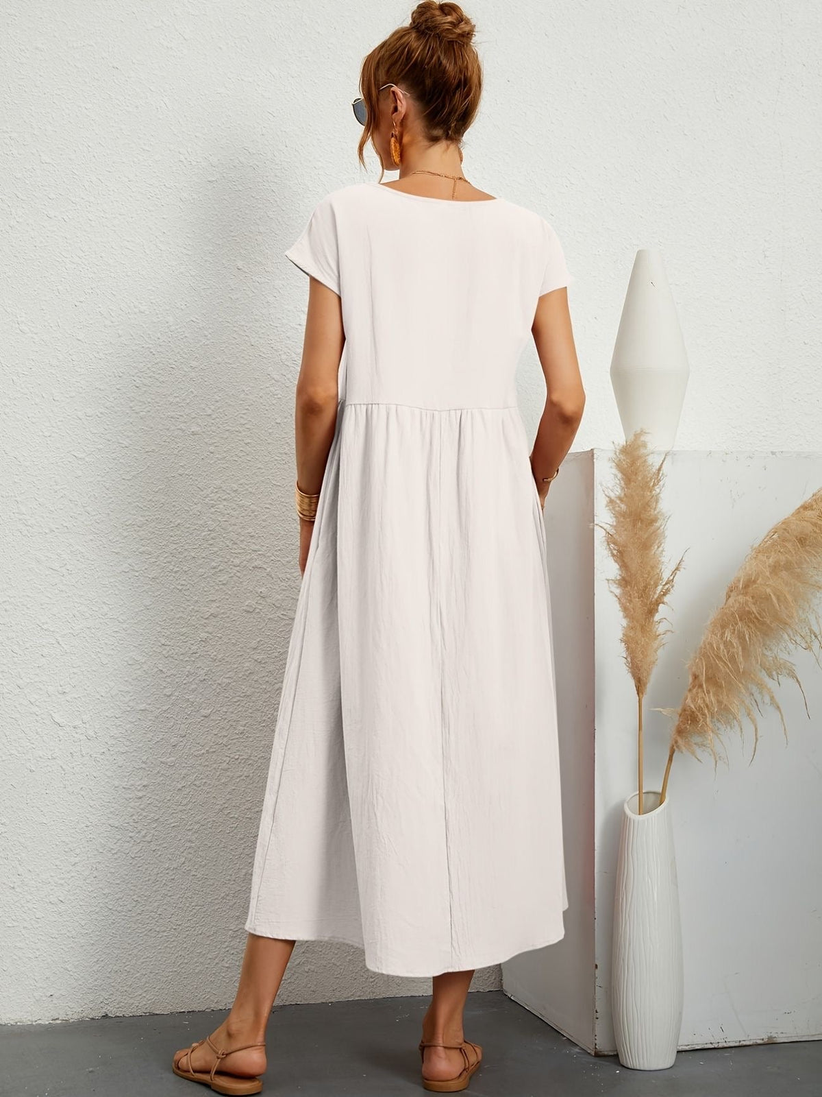 Round Neck Short Sleeve Smock Waist A-Line Maxi Dress - View 8