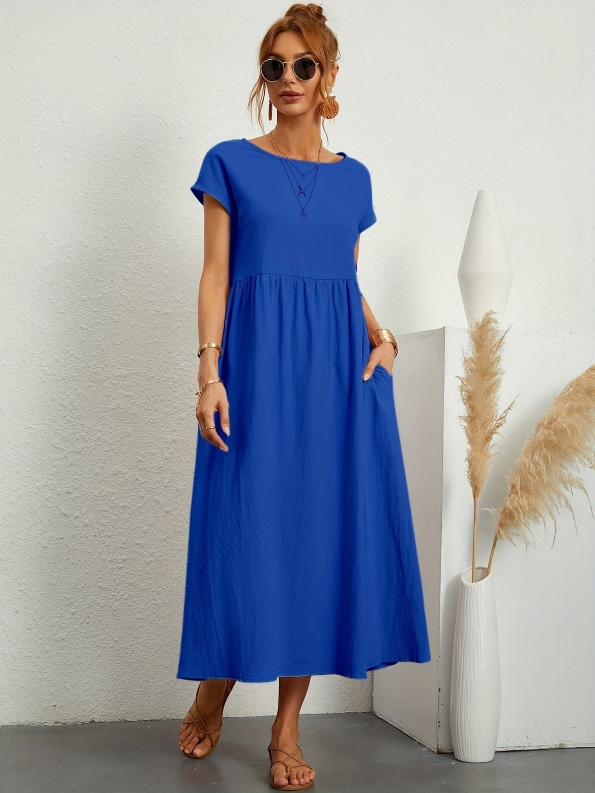 Round Neck Short Sleeve Smock Waist A-Line Maxi Dress - View 5