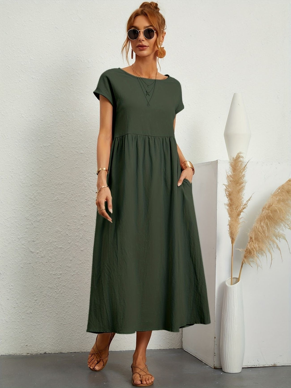 Round Neck Short Sleeve Smock Waist A-Line Maxi Dress