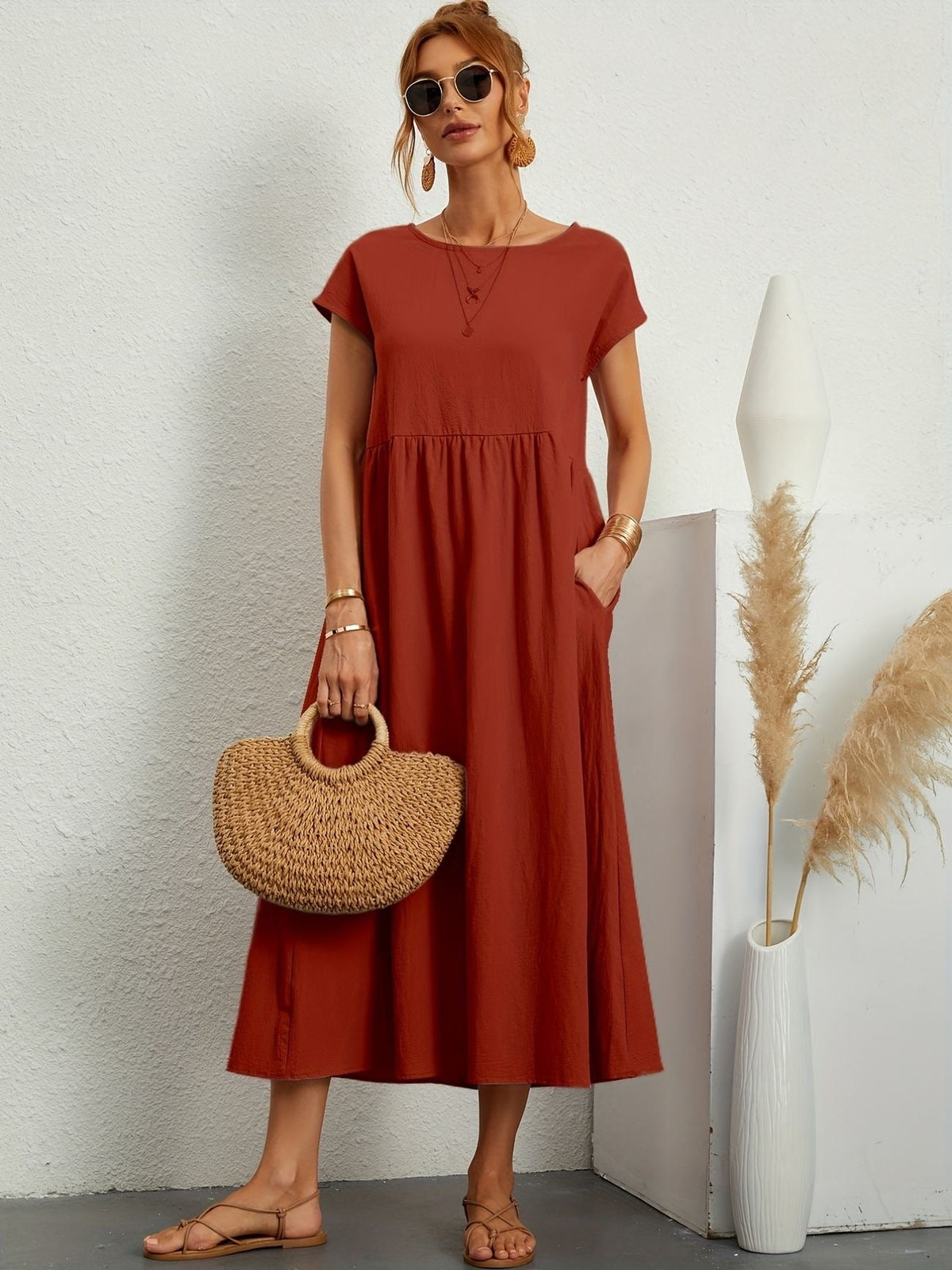 Round Neck Short Sleeve Smock Waist A-Line Maxi Dress - View 10