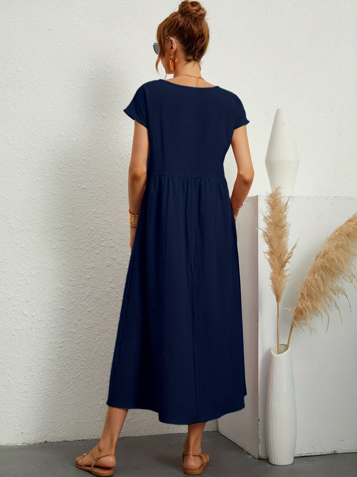 Round Neck Short Sleeve Smock Waist A-Line Maxi Dress - View 15