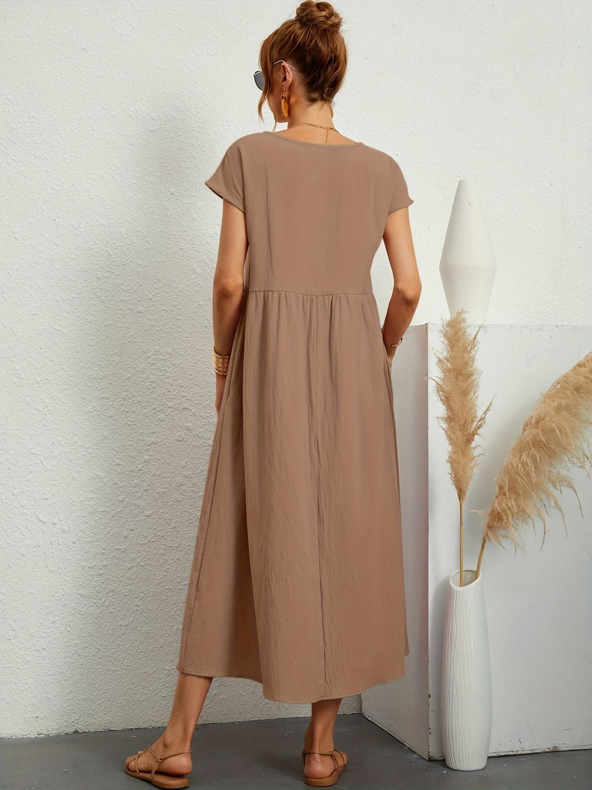 Round Neck Short Sleeve Smock Waist A-Line Maxi Dress - View 13