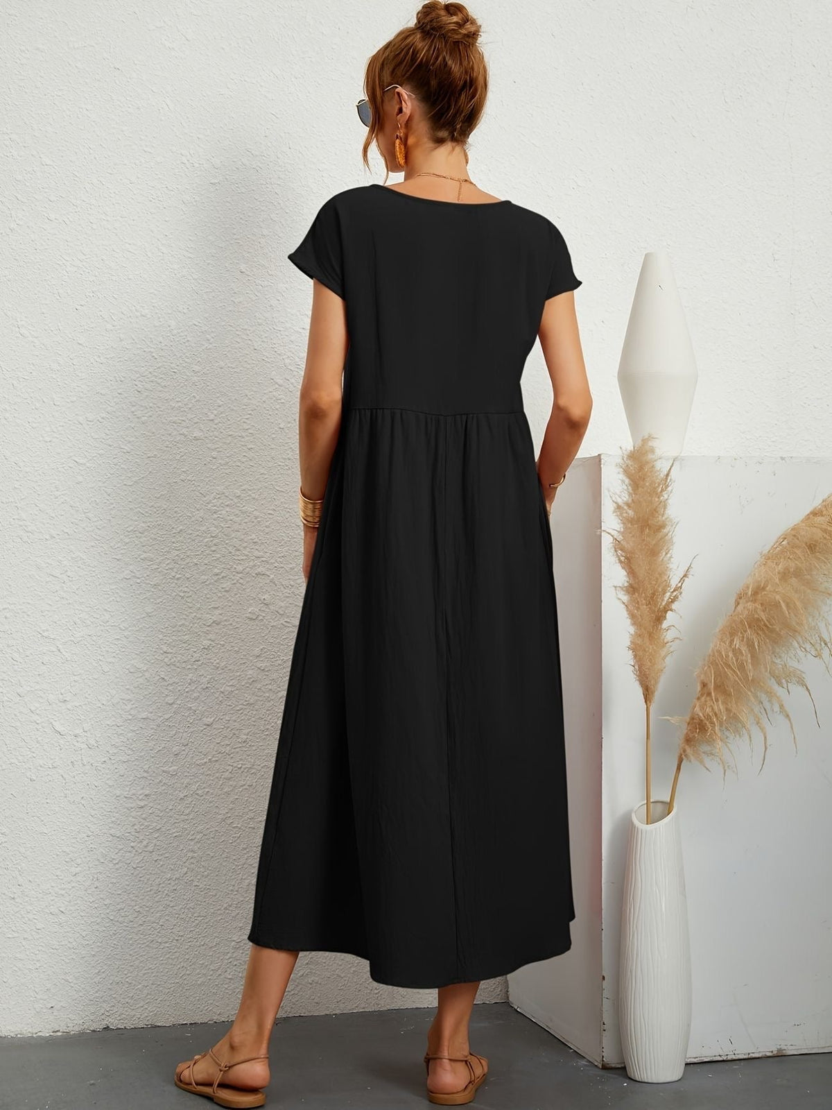 Round Neck Short Sleeve Smock Waist A-Line Maxi Dress - View 9