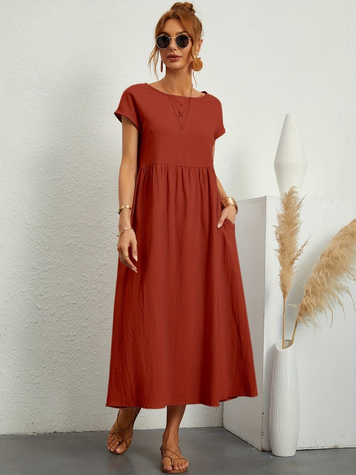 Round Neck Short Sleeve Smock Waist A-Line Maxi Dress - View 14