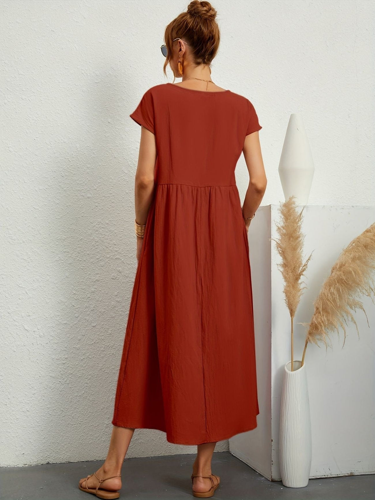 Round Neck Short Sleeve Smock Waist A-Line Maxi Dress - View 11
