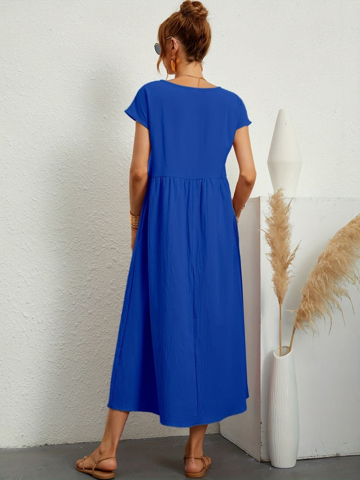 Round Neck Short Sleeve Smock Waist A-Line Maxi Dress - View 16