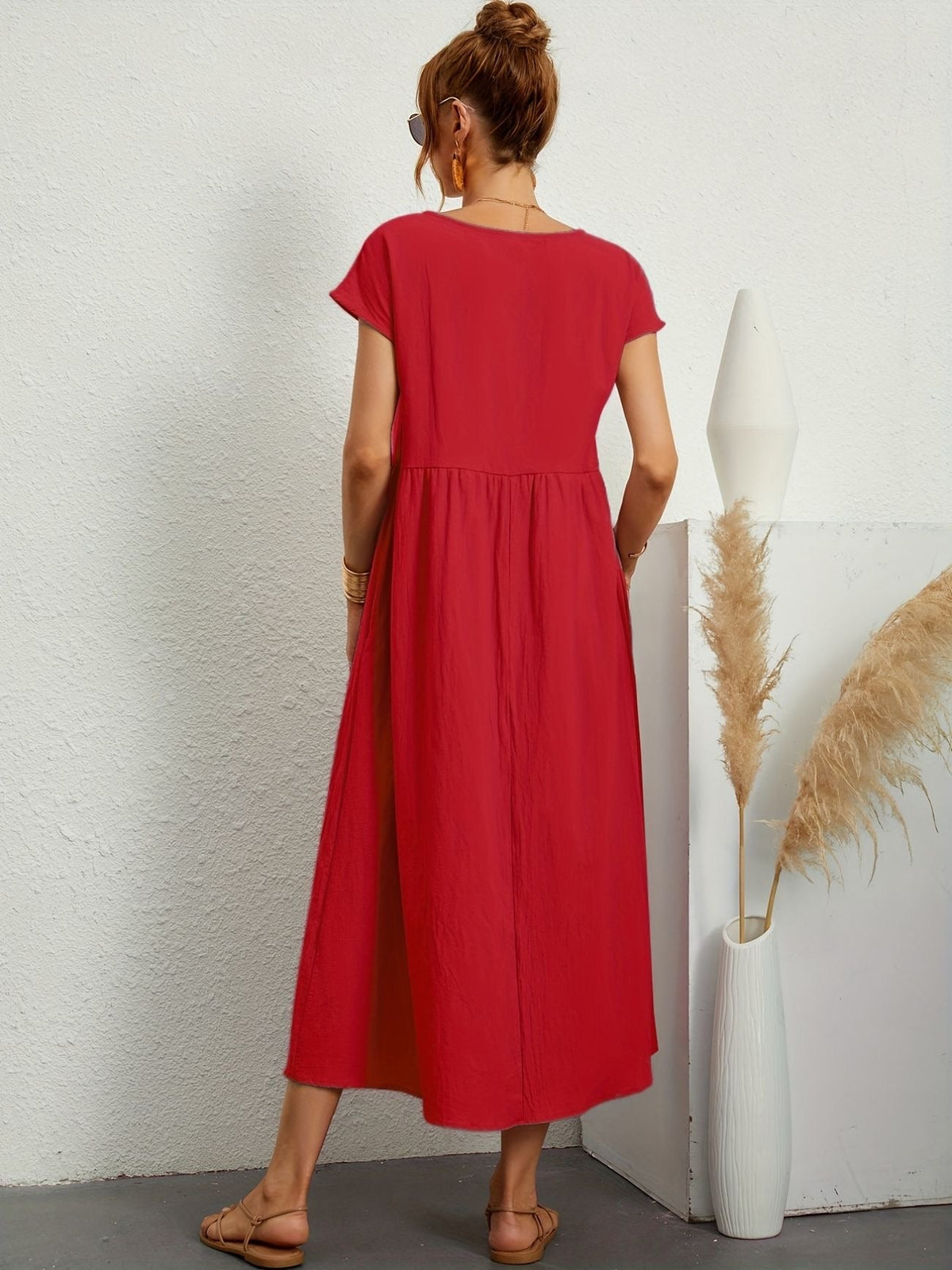 Round Neck Short Sleeve Smock Waist A-Line Maxi Dress - View 6
