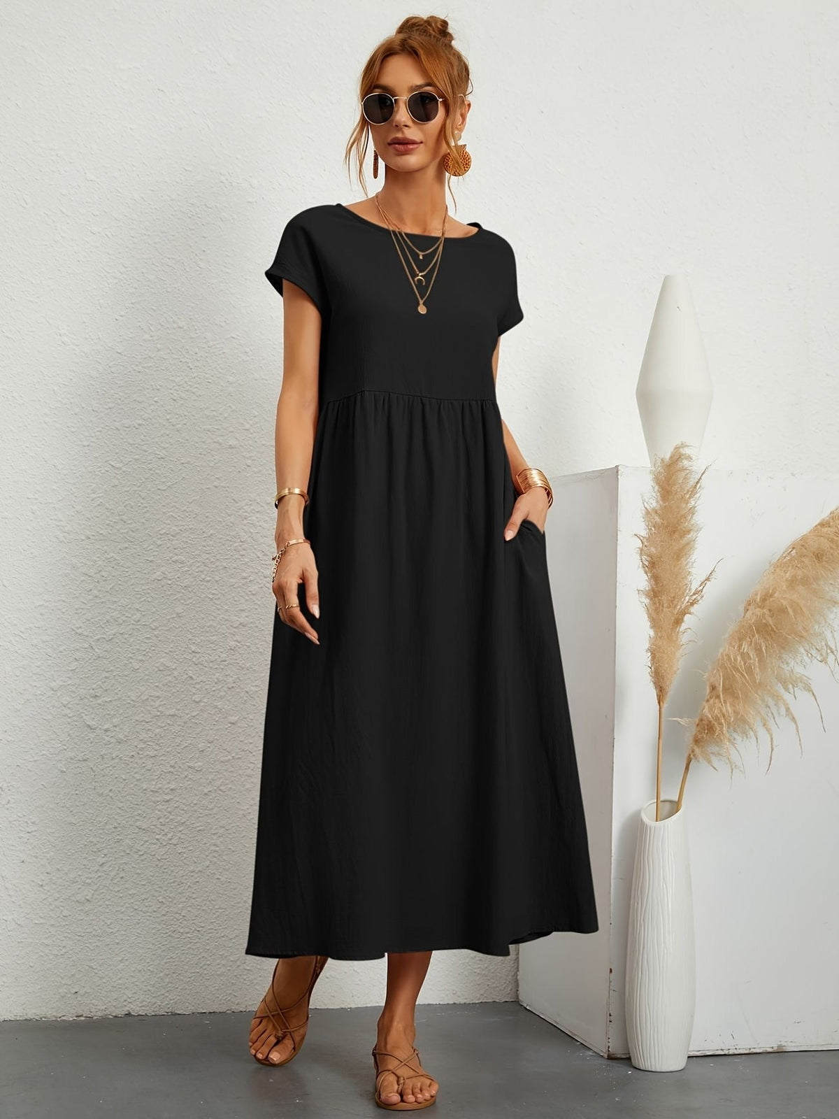 Round Neck Short Sleeve Smock Waist A-Line Maxi Dress - View 3
