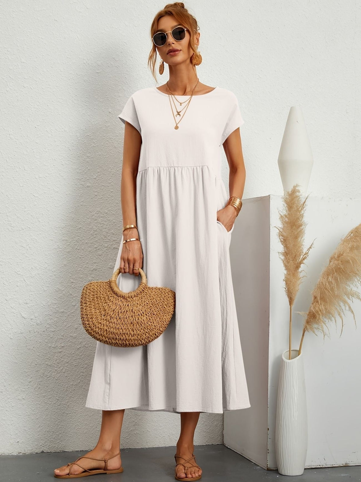 Round Neck Short Sleeve Smock Waist A-Line Maxi Dress - View 7