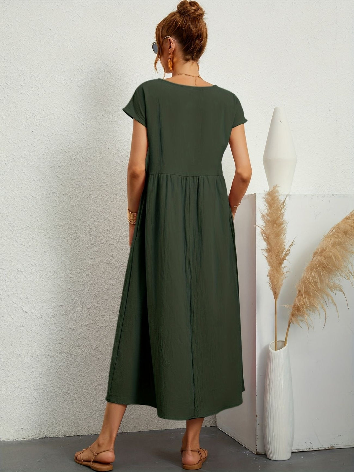 Round Neck Short Sleeve Smock Waist A-Line Maxi Dress - View 17