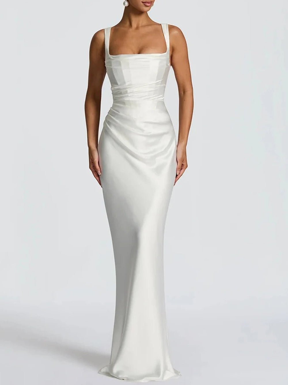 Satin Square Neck Ruched Corset Bodycon Maxi Dress