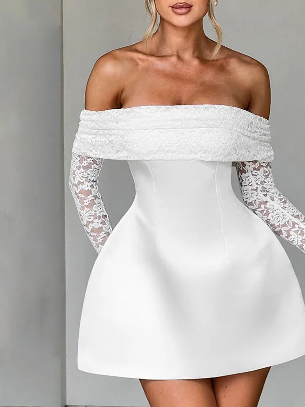 Elodie Off Shoulder Lace Mini Dress in White - View 3
