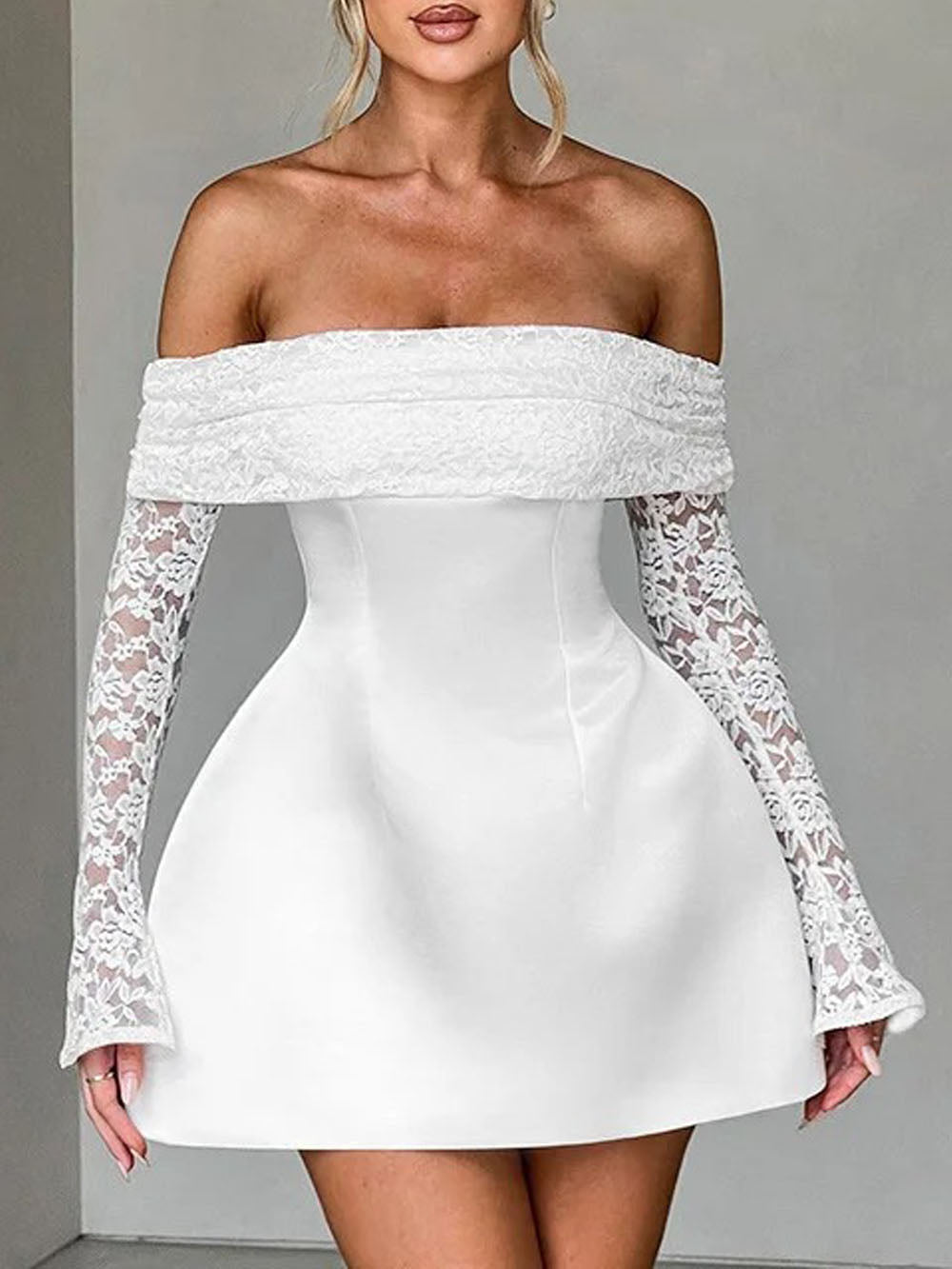 Elodie Off Shoulder Lace Mini Dress in White