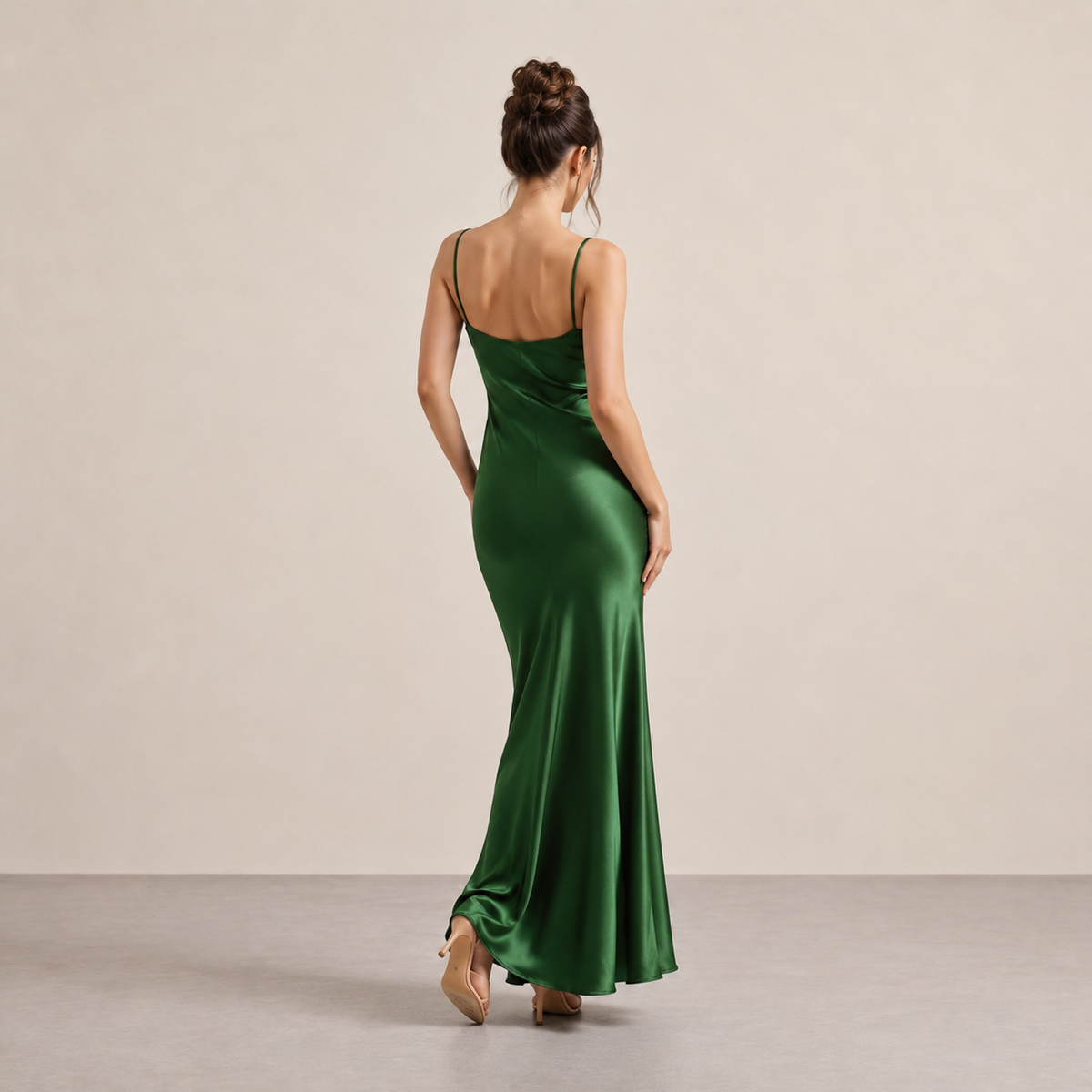 Satin V-Neck Spaghetti Strap Bias Cut Slip Maxi Dress 15