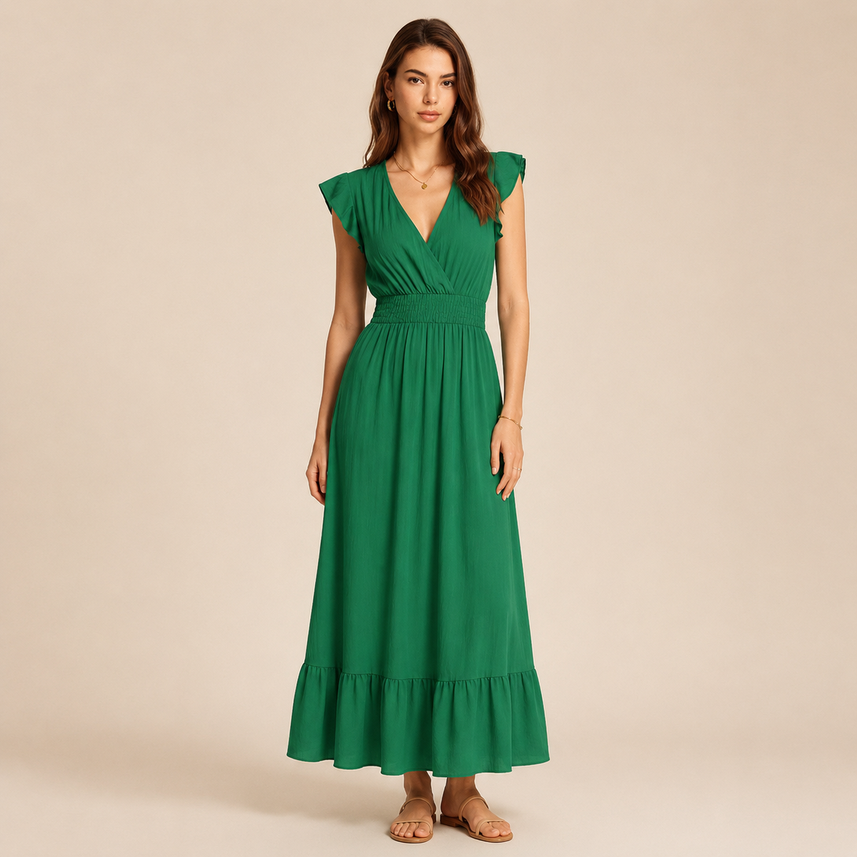 V-Neck Flutter Sleeve Shirred Waist Tiered Maxi Dress 4