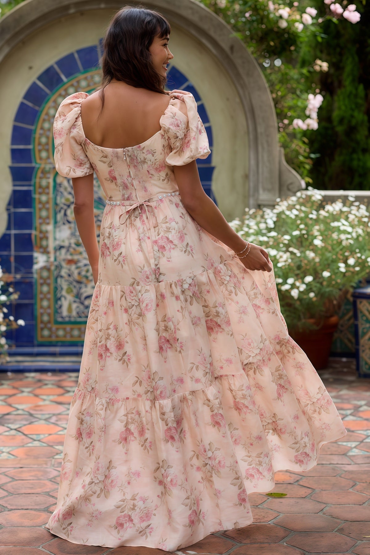 Floral Print V-Neck Puff Sleeve Cut Out Waist Tiered Maxi Dress 5