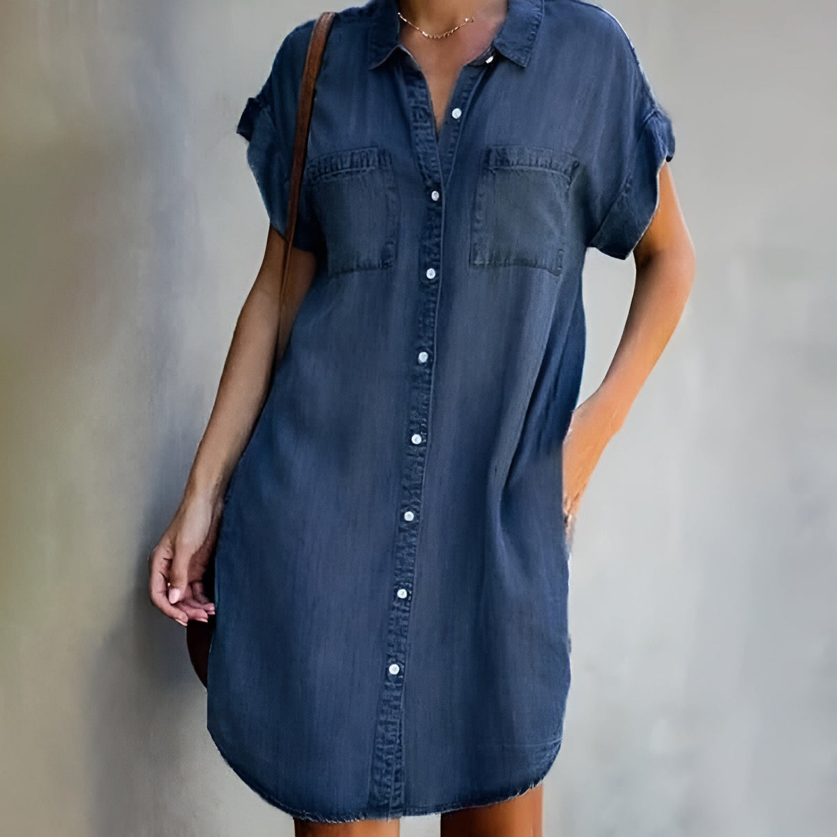 Denim Button Front Short Sleeve Pocket Shirt Dress 2