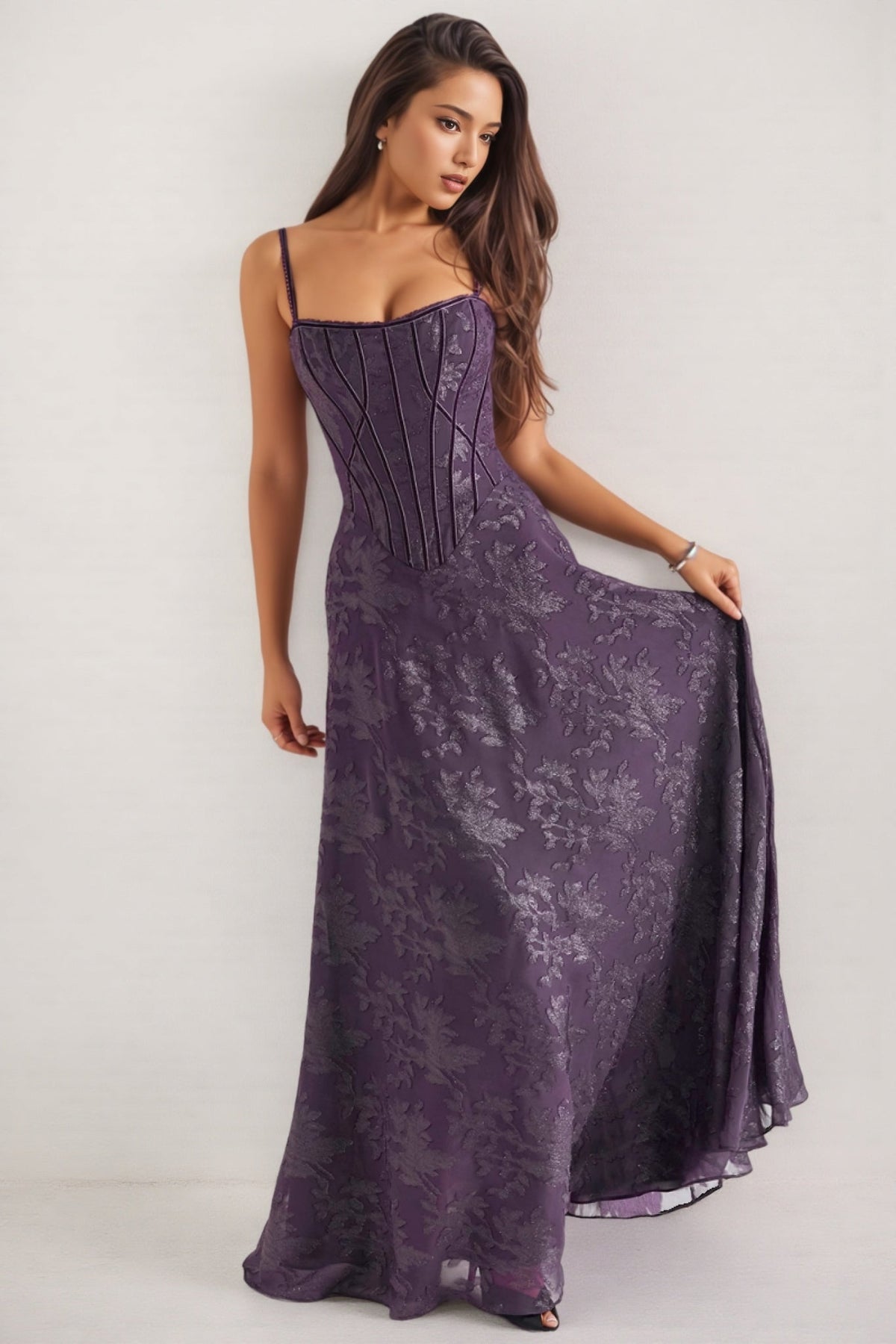 Floral Jacquard Sweetheart Corset A-Line Maxi Dress - View 2