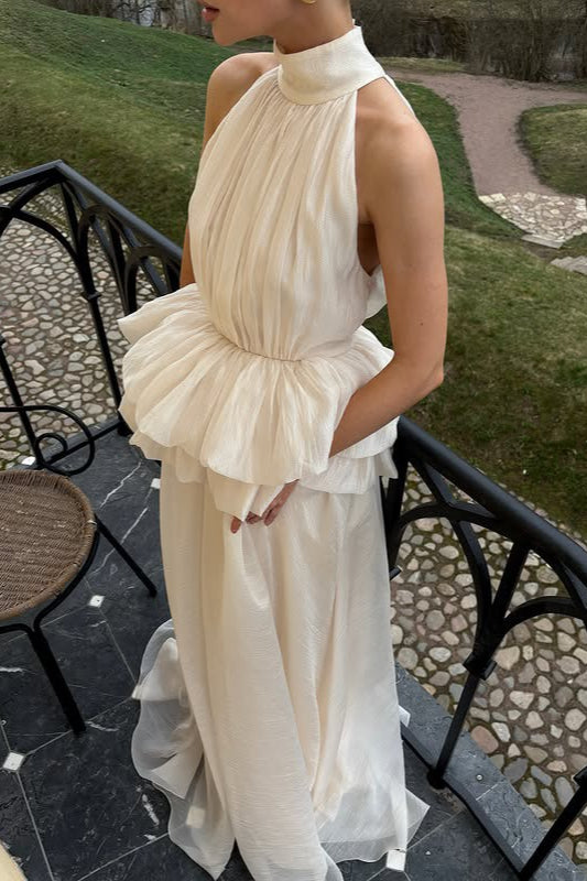 Halter High Neck Sleeveless Ruffle Peplum Maxi Dress