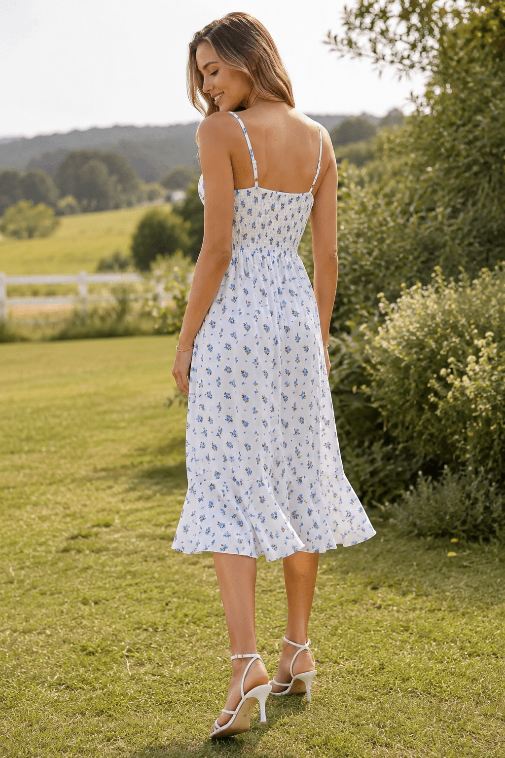 Floral Spaghetti Strap V-Neck Wrap Ruffle High Low Midi Dress 4