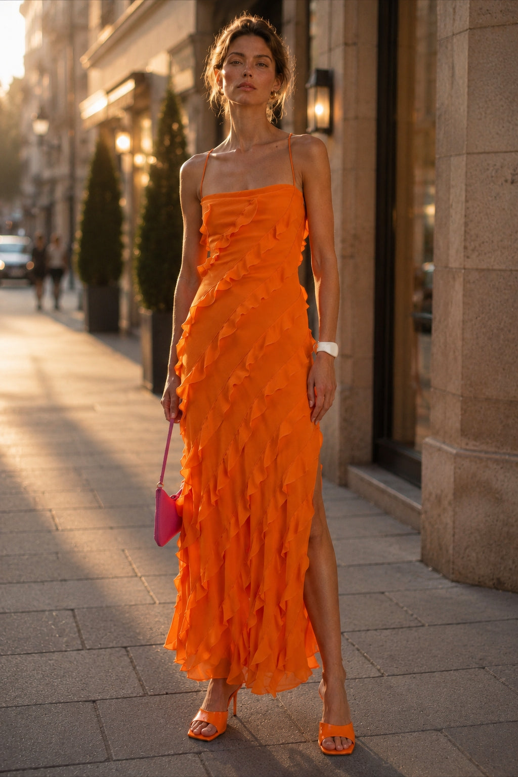 Spaghetti Strap Ruffle Tiered Bias High Split Maxi Dress