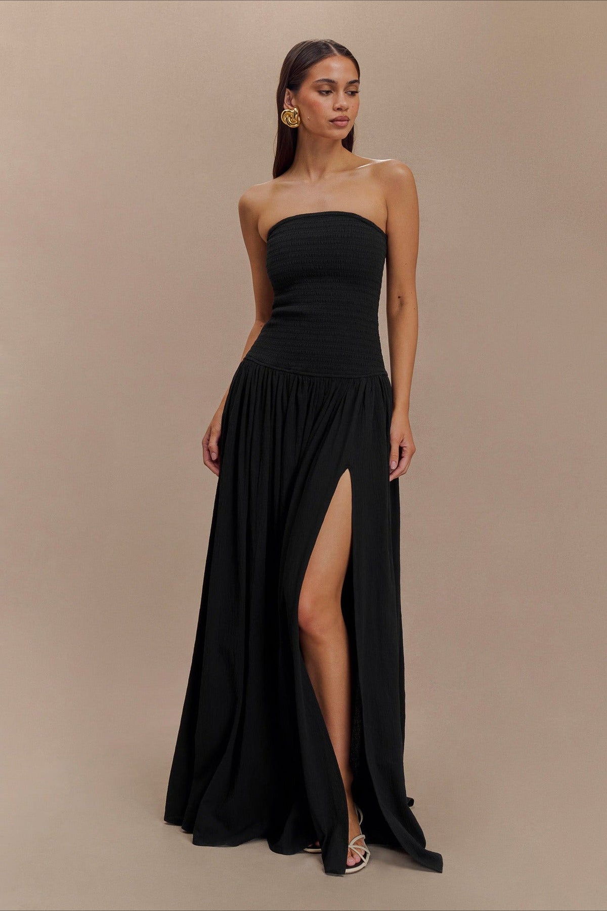 Strapless Ruched High Split Flowy Maxi Prom Dress - View 11